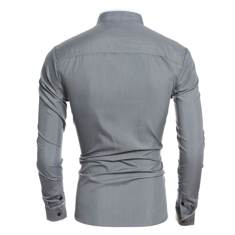Men's Long-Sleeve Shirt with Modern Stand Collar and Contrasting Details Lisslune