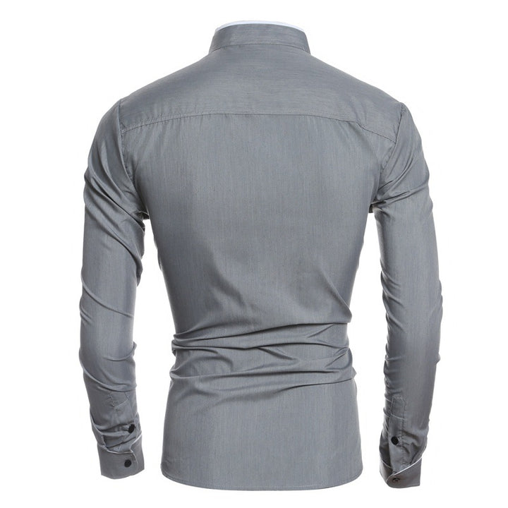 Men's Long-Sleeve Shirt with Modern Stand Collar and Contrasting Details Lisslune