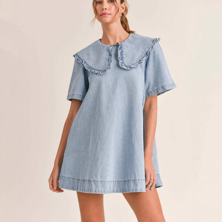 Women's denim dress with elegant ruffled collar finish Lisslune