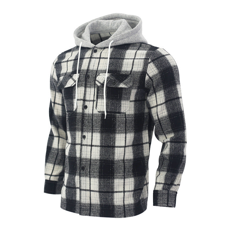 Men's Checked Flannel Jacket with Hoodie and Two Chest Pockets Lisslune