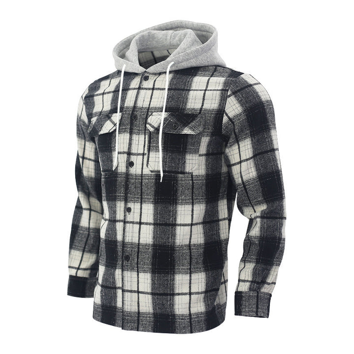 Men's Checked Flannel Jacket with Hoodie and Two Chest Pockets Lisslune