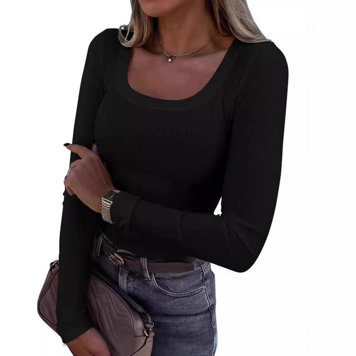 Women’s Long Sleeve Ribbed T-Shirt with Elegant Boat Neck Lisslune
