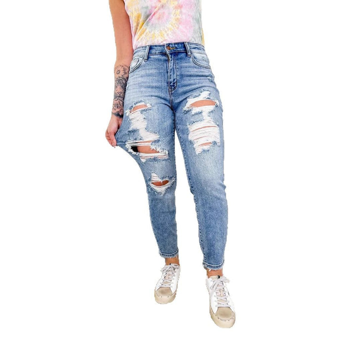 Women's skinny jeans with trendy destroyed look and elastic waistband Lisslune