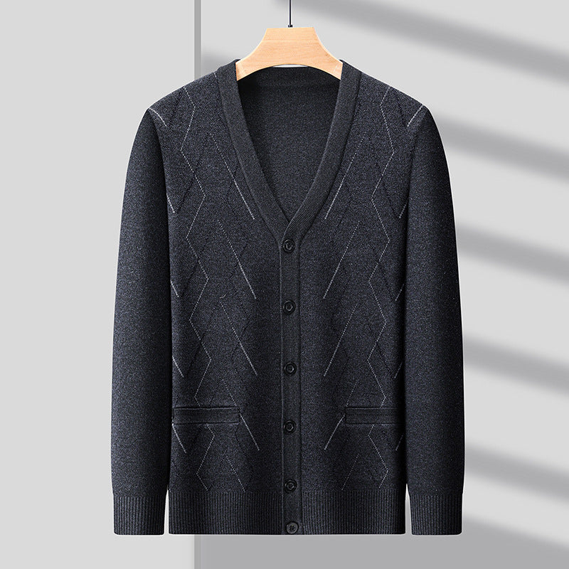 Men's Cardigan with Deep V-Neck and Elegant Diamond Pattern Lisslune