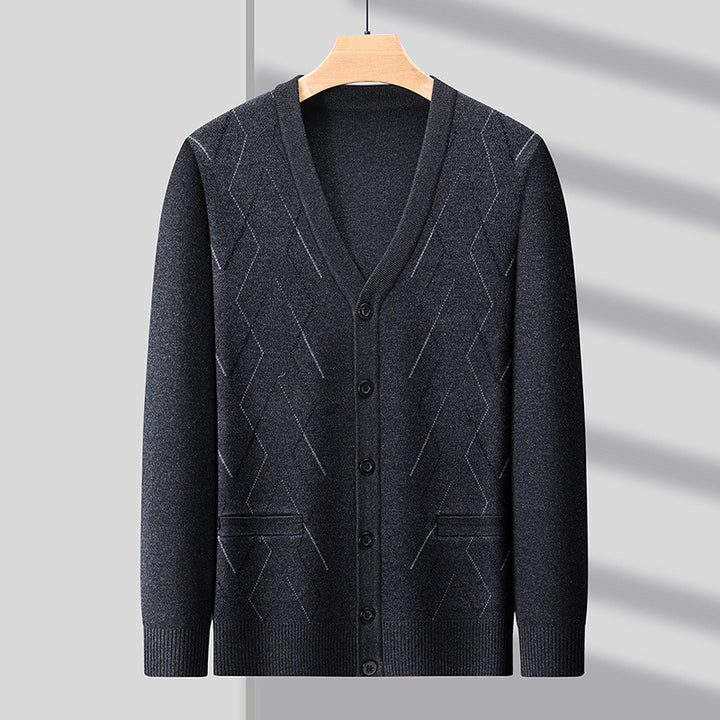 Men's Cardigan with Deep V-Neck and Elegant Diamond Pattern Lisslune