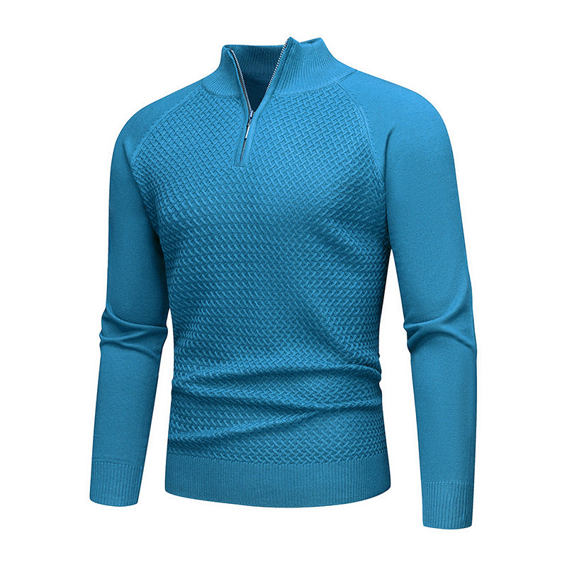 Men's Fine Knit Pullover with Textured Surface and Short Zipper Lisslune