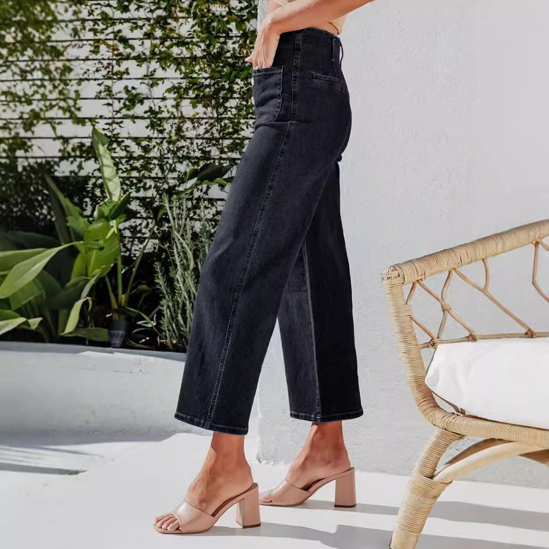 Women's High-Waist Jeans with Button Detail and Wide Leg Lisslune