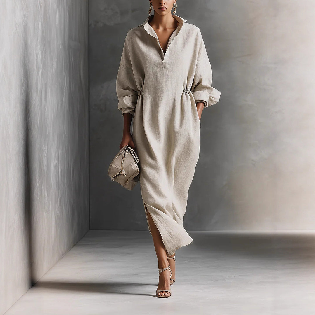 Women's stylish midi dress with tie belt and classic collar Lisslune