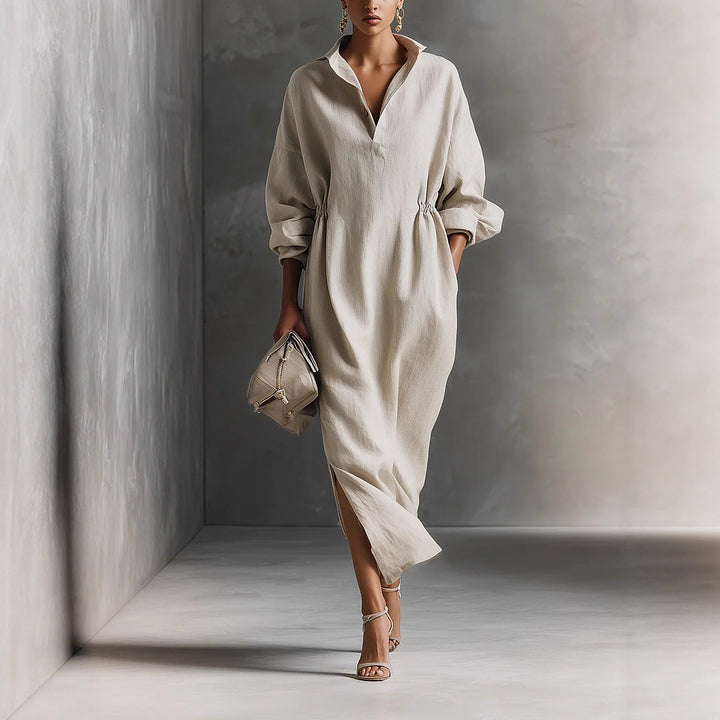 Women's stylish midi dress with tie belt and classic collar Lisslune