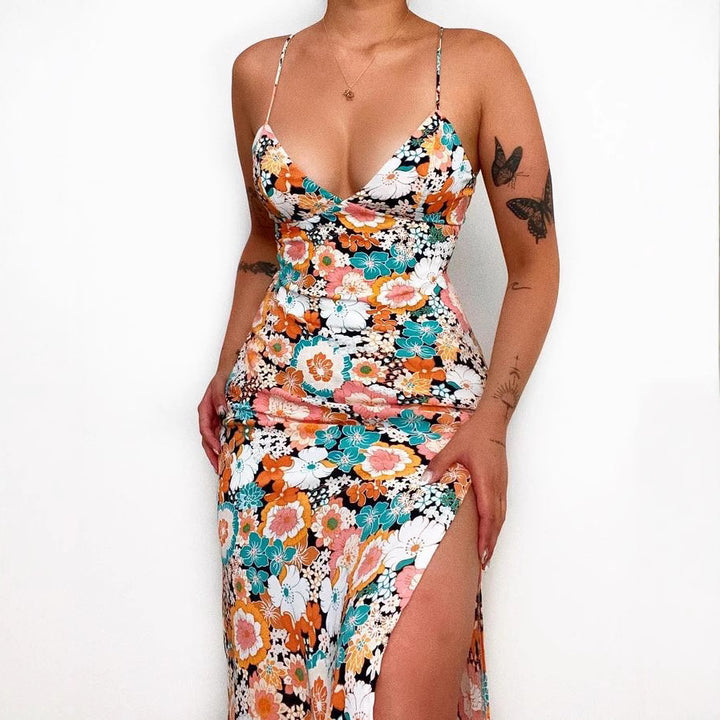 Ladies maxi dress with deep V-neck and side slit Lune London