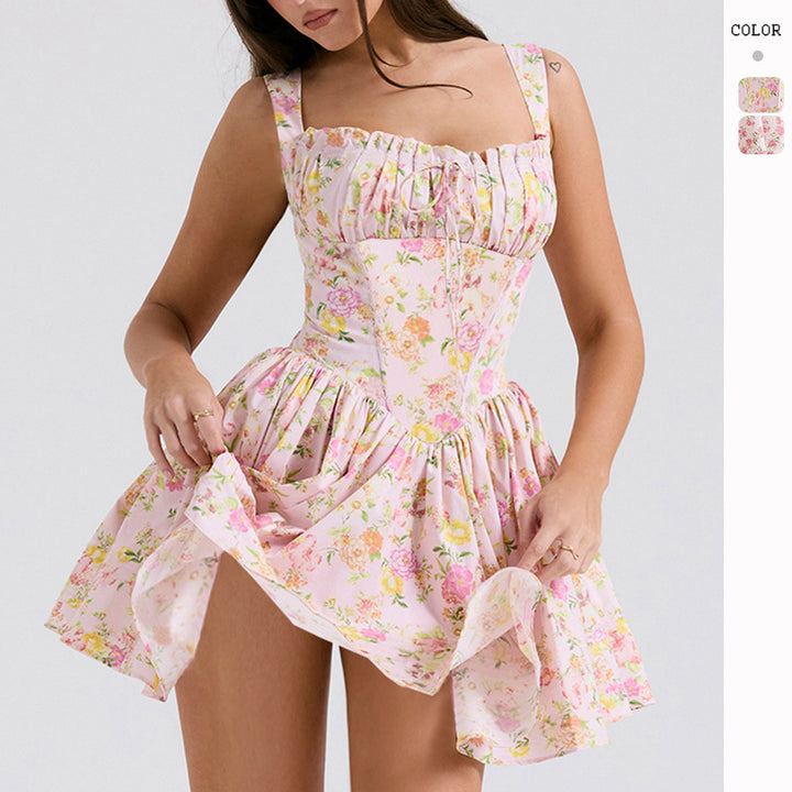 Ladies Playful Lined Mini Dress with Off-Shoulder Straps and Ruffle Details