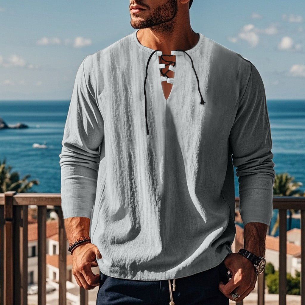 Men's casual long-sleeve shirt with neckline and lacing Lisslune