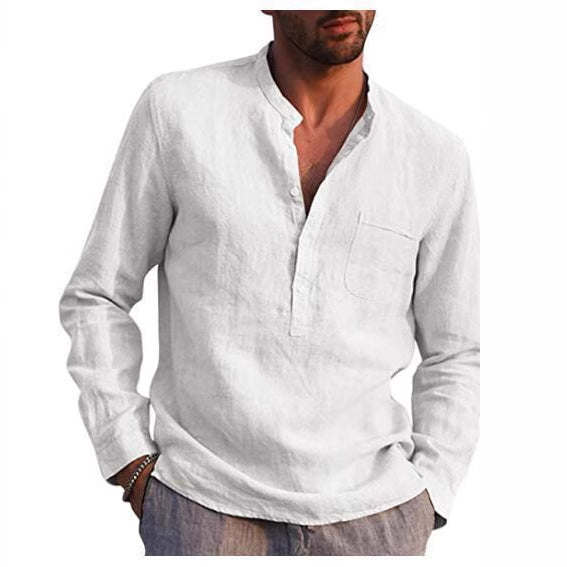 Men's linen shirt with classic Henley neckline and chest pocket Lisslune