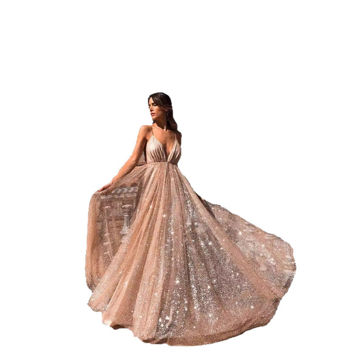 Ladies Glamorous Evening Dress with Deep V-Neck and Shining Sequins Lisslune