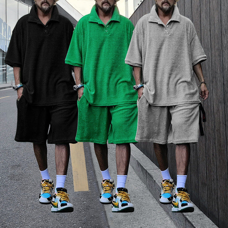 Men's casual oversized t-shirt and shorts combination with button placket and practical pockets Lisslune