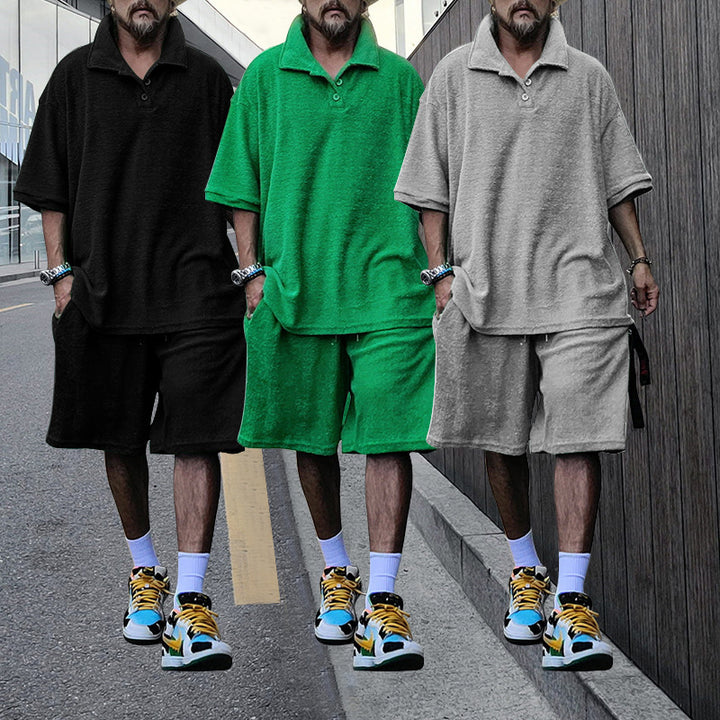 Men's casual oversized t-shirt and shorts combination with button placket and practical pockets Lisslune