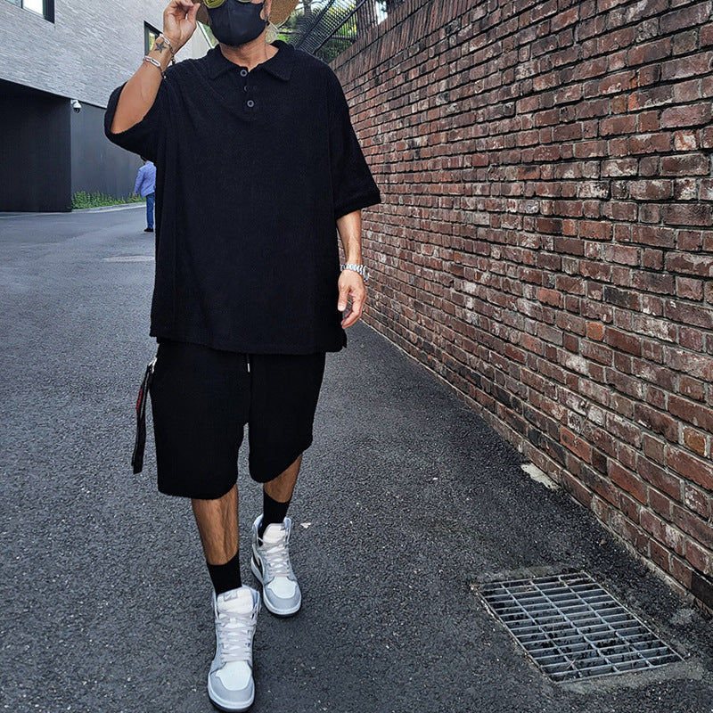 Men's casual oversized t-shirt and shorts combination with button placket and practical pockets Lisslune
