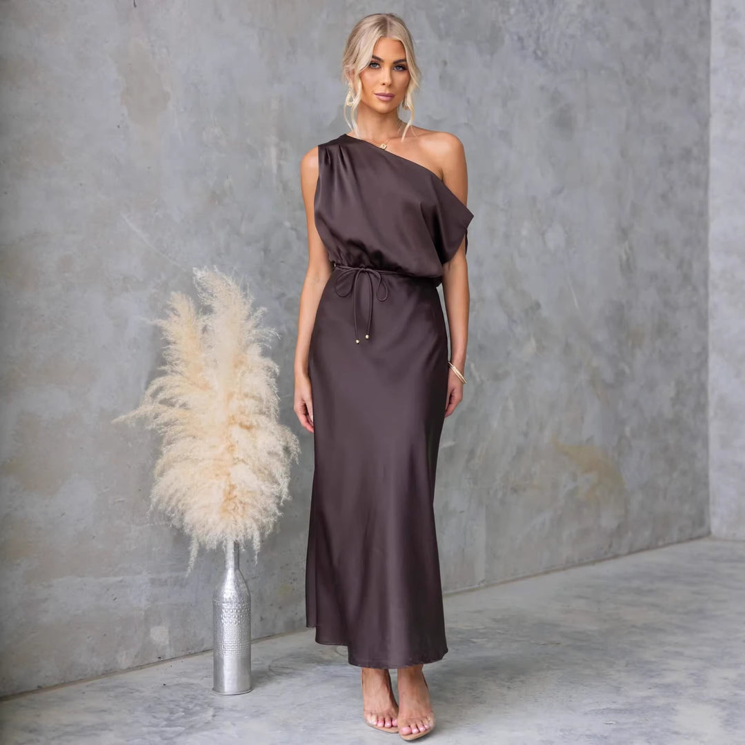 Ladies Maxi Dress with Off-Shoulder Design and Elastic Waistband Lune London