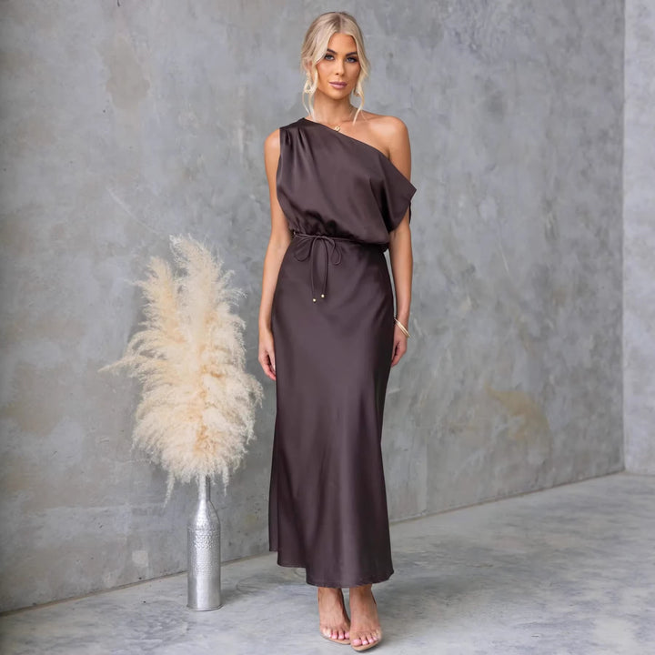 Ladies Maxi Dress with Off-Shoulder Design and Elastic Waistband Lune London