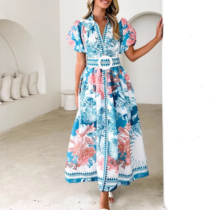 Women's maxi dress with voluminous puff sleeves and delicate floral pattern Lisslune