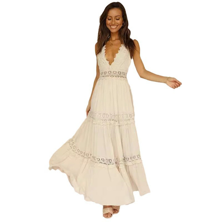 Ladies Elegant Maxi Dress with Deep V-Neck and Playful Crochet Applications Lisslune