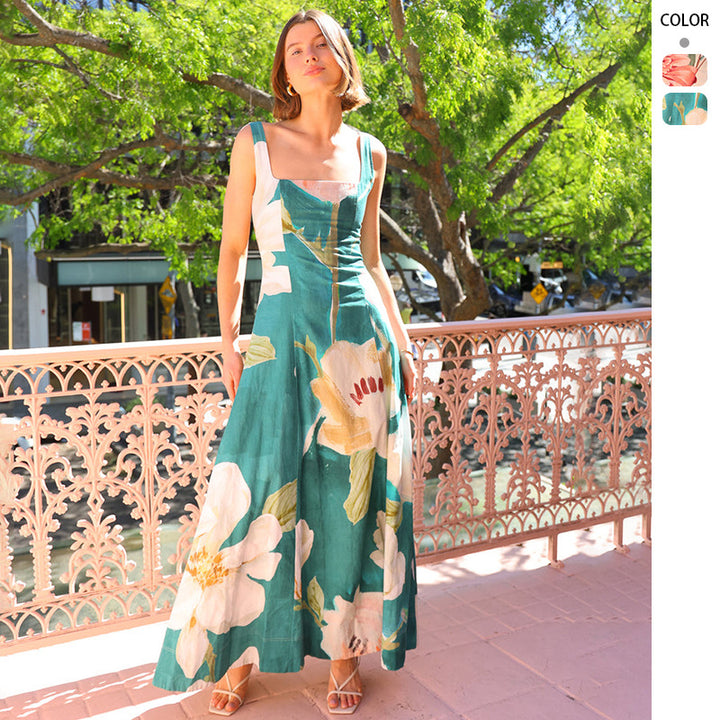Women's maxi dress with floral design and fitted silhouette