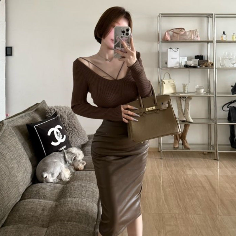 Women's long sleeve top with deep V-neck and fine rib knit Lisslune