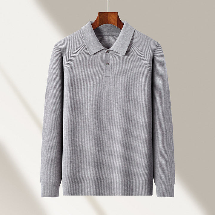 Men's Fine Knit Pullover with Classic Polo Collar and Fashionable Ribbed Structure Lisslune
