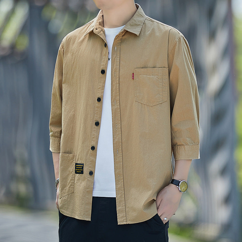 Men's Casual Overshirt with Patch Pocket and Half Sleeves Lisslune