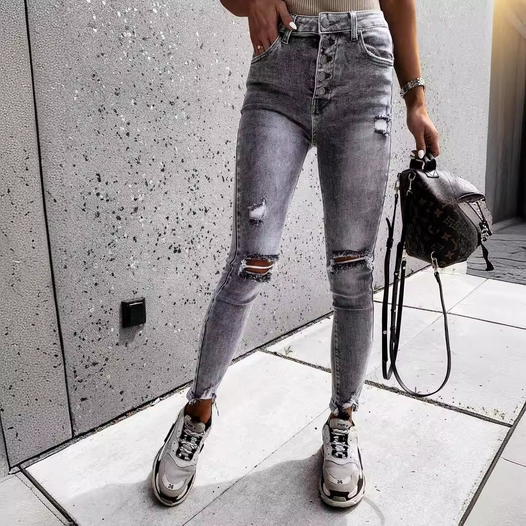 Women's Skinny Jeans with High Pockets and Trendy Distressed Details Lisslune
