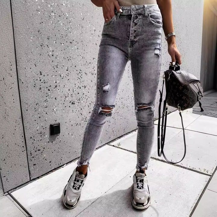 Women's Skinny Jeans with High Pockets and Trendy Distressed Details Lisslune
