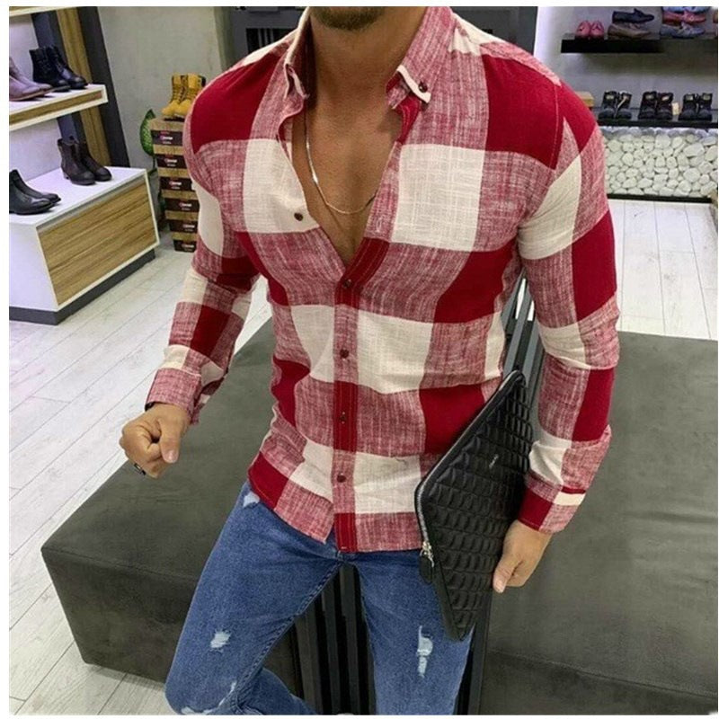 Men's Casual Long Sleeve Shirt with Modern Check Pattern and Relaxed Fit Lisslune