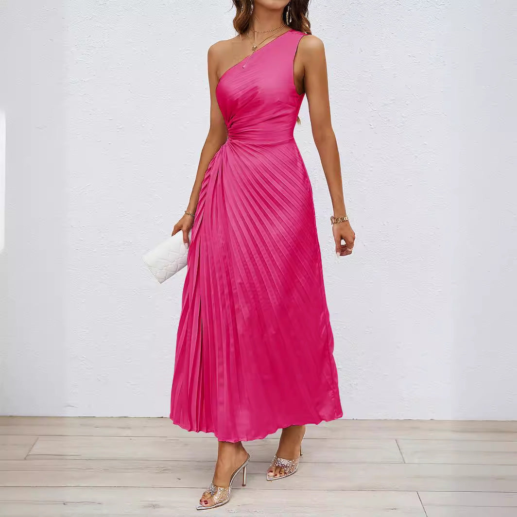 Women's Long Wrap Dress with Asymmetric Neckline and Pleated Design