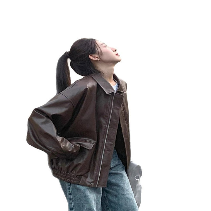 Women's Fashion Leather Jacket with Oversized Sleeves and Elastic Hem Lisslune