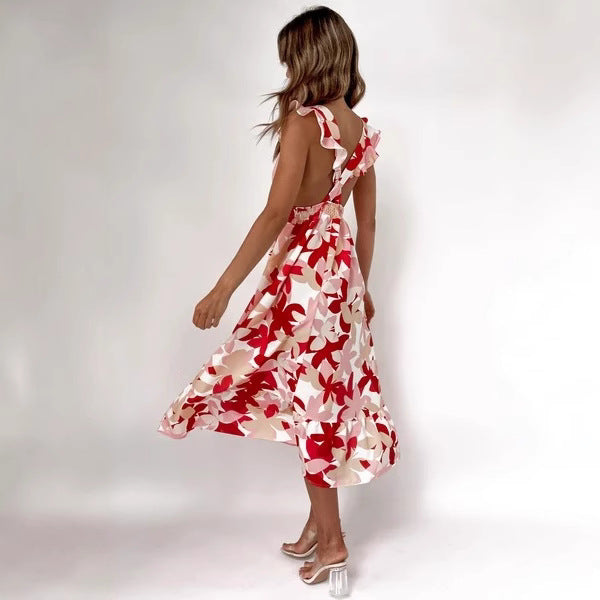 Women's Long Sleeve Maxi Dress with Playful Ruffle Design and Open Back