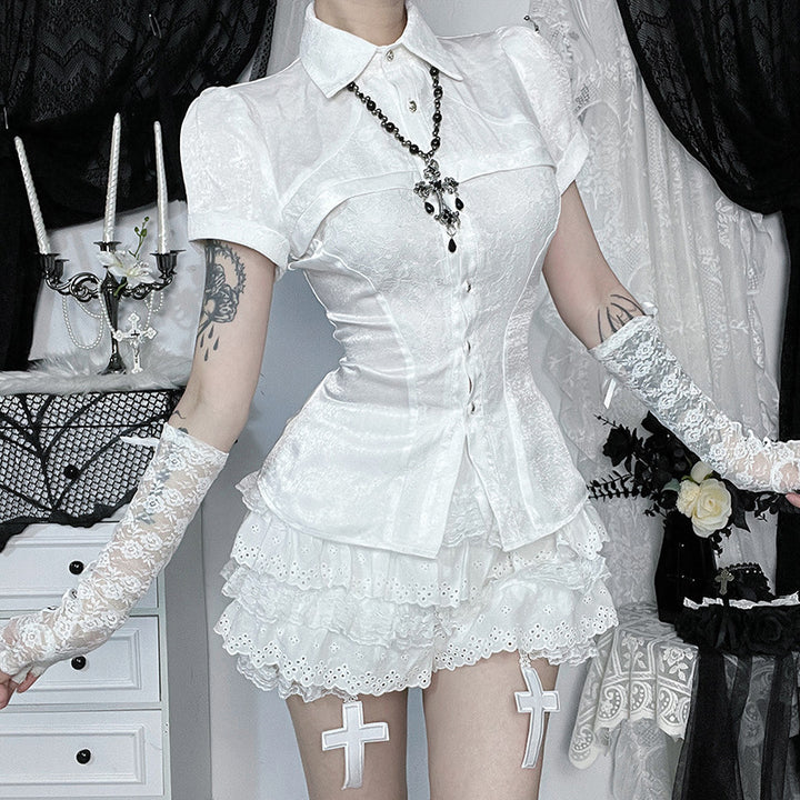 Ladies corset blouse with ruffle cut and high-neck design