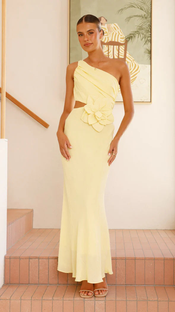 Women's Elegant Maxi Dress with Asymmetric Cut and Floral Detail