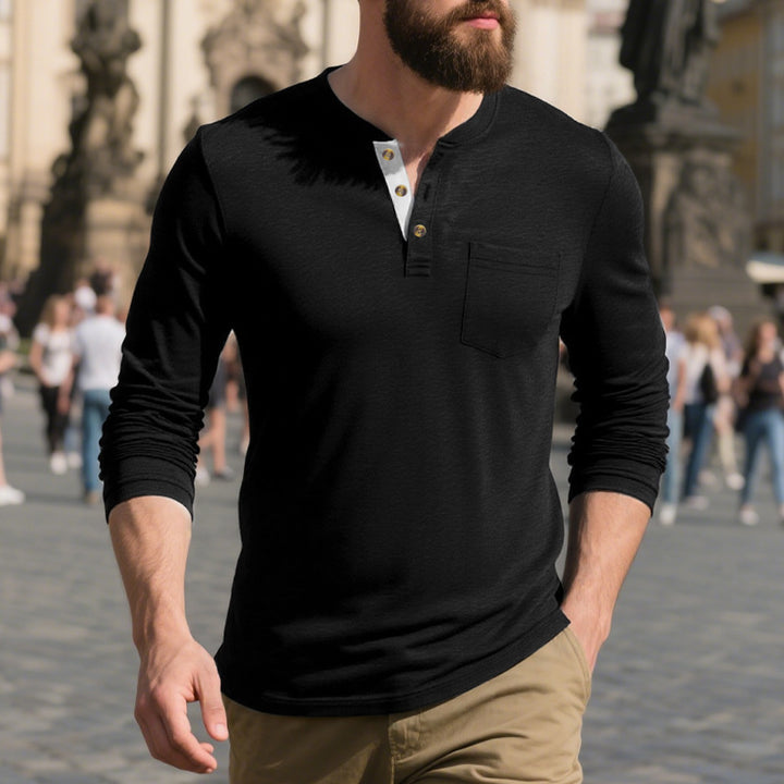 Men's Long Sleeve Henley Shirt with Practical Chest Pocket Lisslune