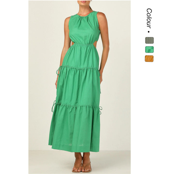 Women’s long sleeve maxi dress with playful side cutouts and flowing skirt Lune London