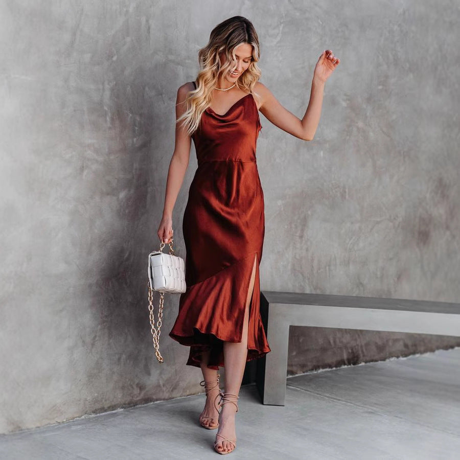 Women's satin midi dress with elegant waterfall neckline and swinging hem