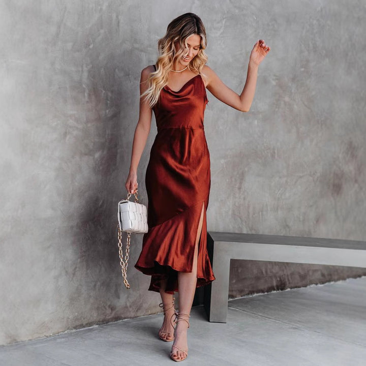 Women's satin midi dress with elegant waterfall neckline and swinging hem