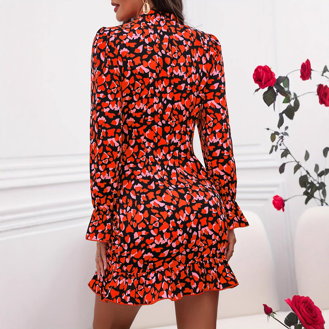 Damen elegantes Mini-Kleid mit Rüschendetails und hohem Kragen Lisslune