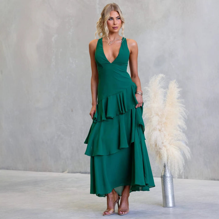 Women's maxi dress with seductive ruffle layers and deep V-neck