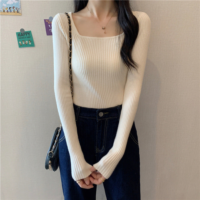 Women's Long Sleeve Ribbed Top with a Figure-Hugging Cut and Modern Cuffs