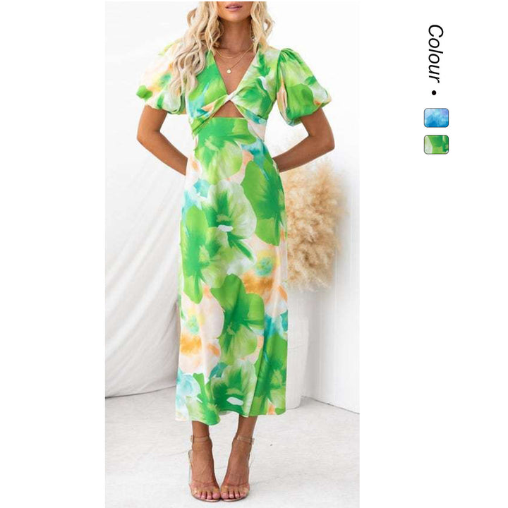 Women's maxi dress with floral accents and an eye-catching cut-out