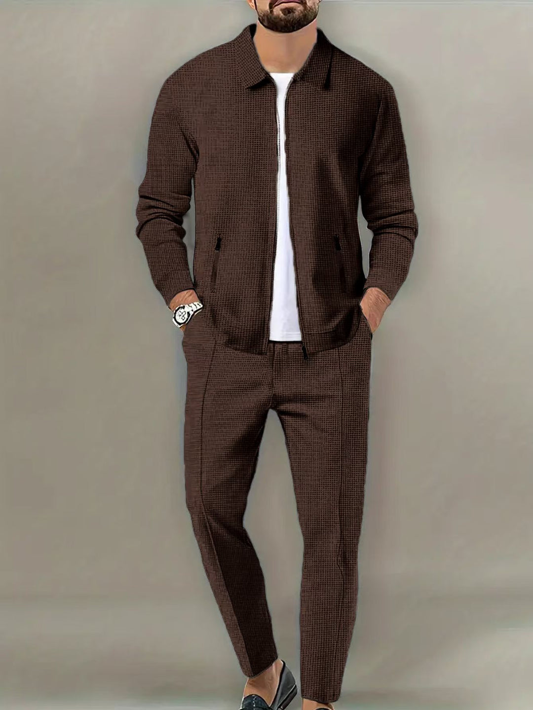 Men's Cut Leisure Jacket and Trouser Set with Textured Design Lisslune