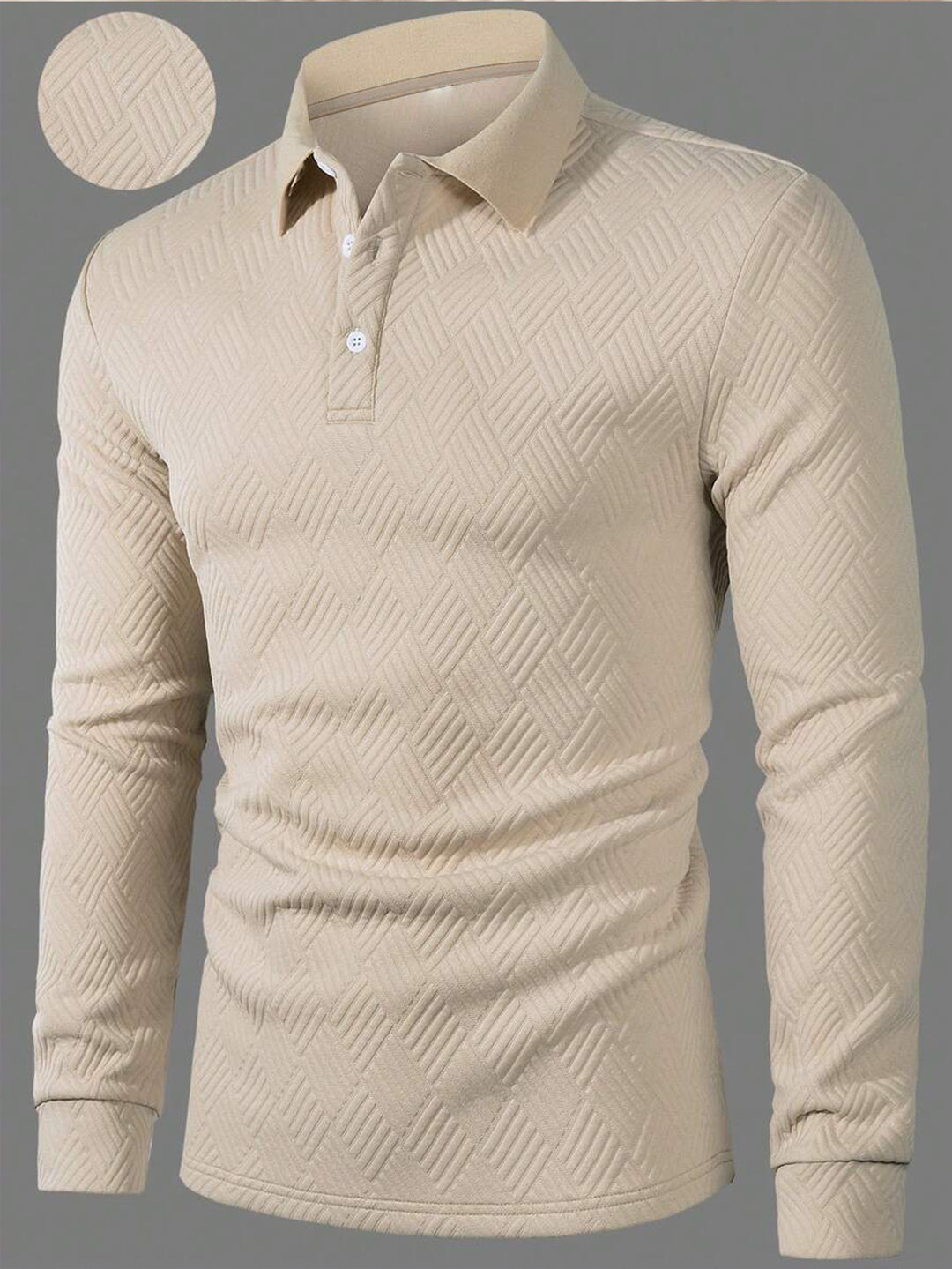 Men's Long Sleeve Polo Shirt with Textured Design Lisslune