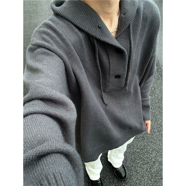 Men's casual hooded sweater with button placket and thicker knit structure Lisslune