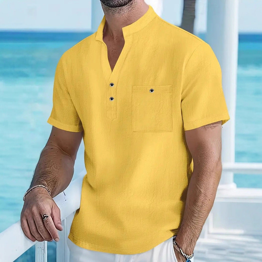 Men's short sleeve shirt with fashionable stand-up collar and button details Lisslune