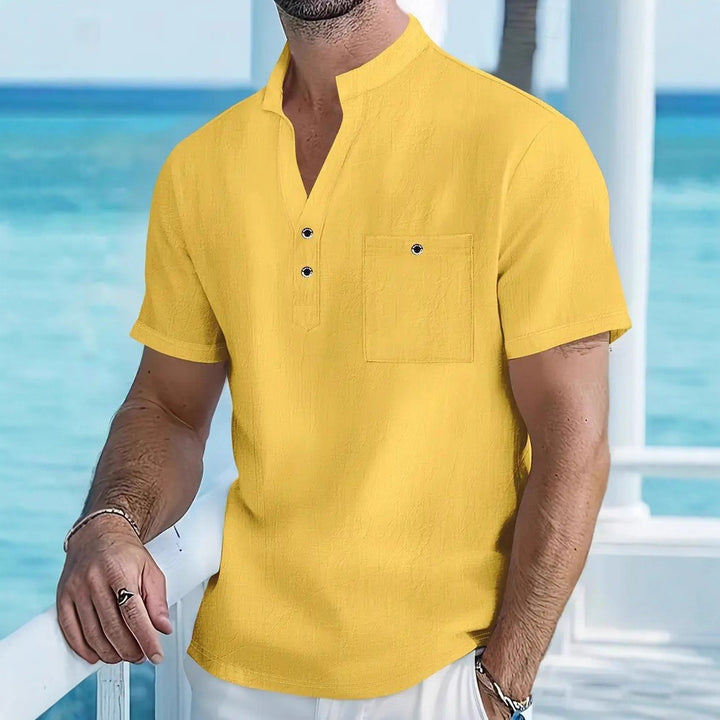 Men's short sleeve shirt with fashionable stand-up collar and button details Lisslune